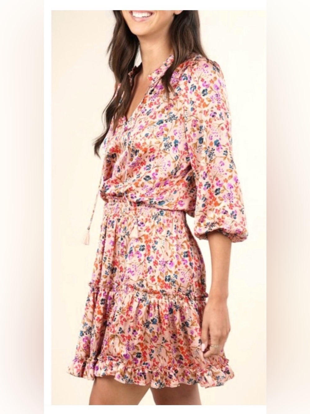 Lovestitch Pink Floral Tiered Dress with Tassel Tie